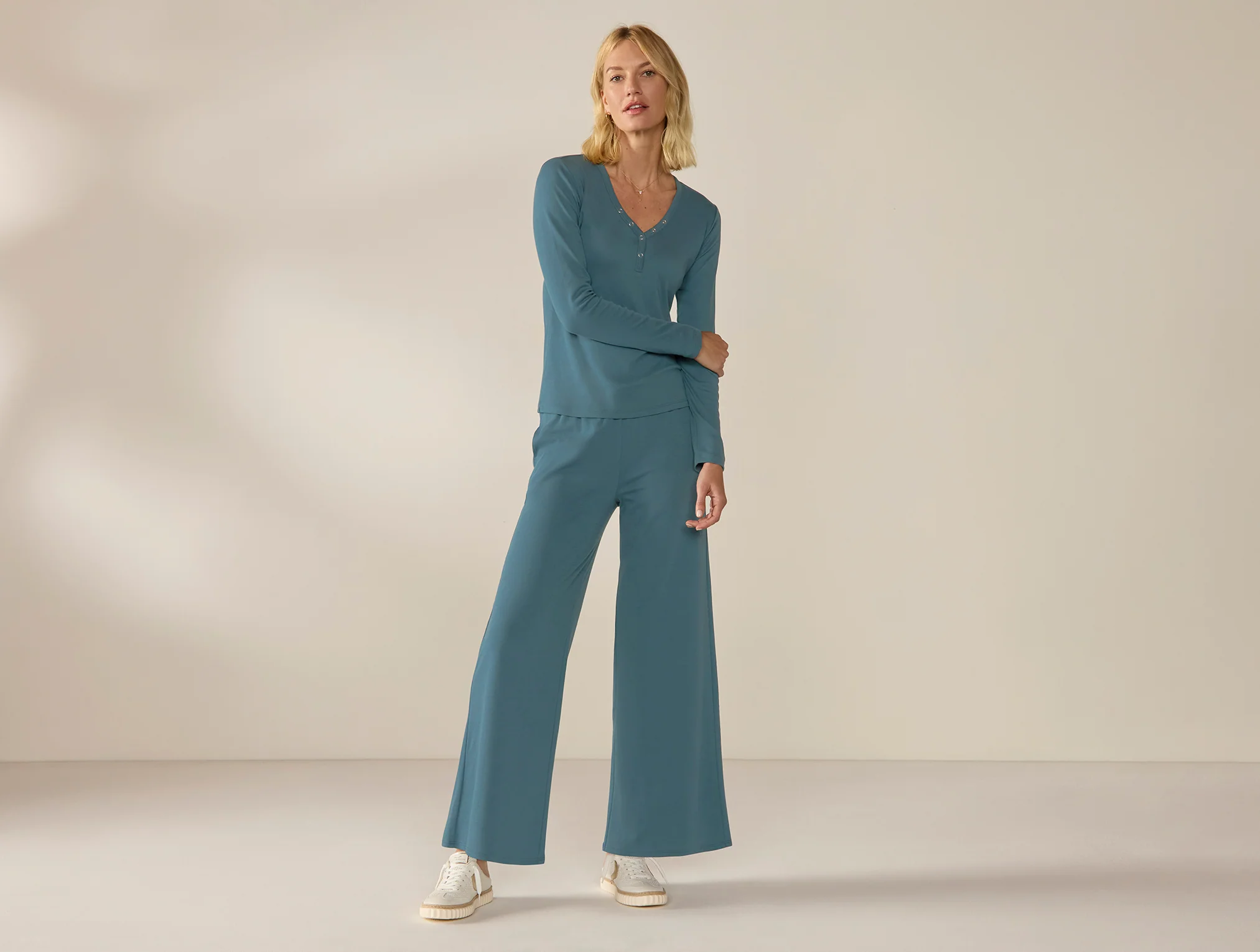 Women's Pima Organic Knit Wide Leg Pant + Henley Set - Image 3